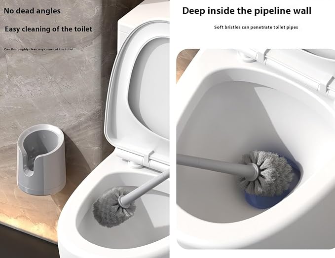 Wall Mounted Toilet Brush Set with No-Drill Adhesive & Drip-Free Tray Space-Saving Toilet Cleaning Brush Holder Deep CleansNoMessStorageSlides Under Sinks (Black)
