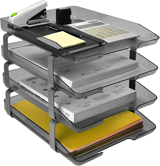 Acrimet Traditional 4 Tier Letter Tray, Front Load Design, A4 Letter Size, Desktop Organizer (Plastic) (Smoke Color)