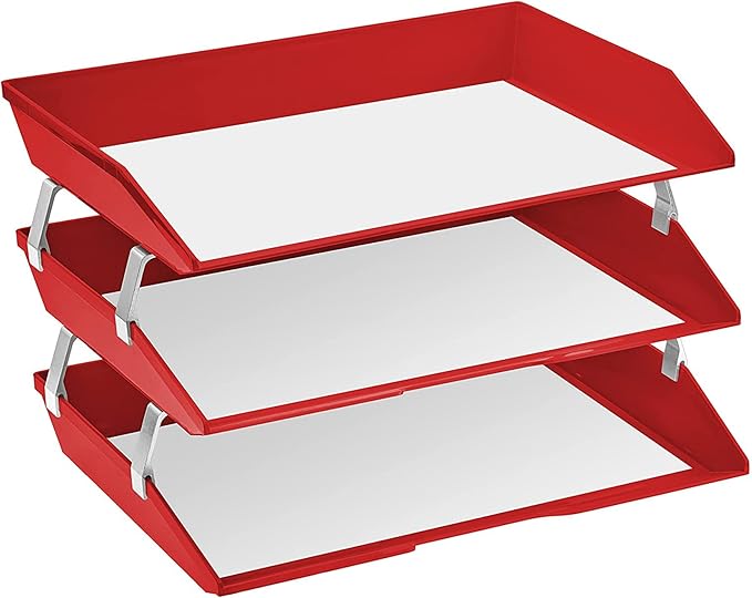 Acrimet Facility 3 Tier Letter Tray, Side Load, Letter Size/A4, Desktop File Organizer, Plastic (Solid Red Color)