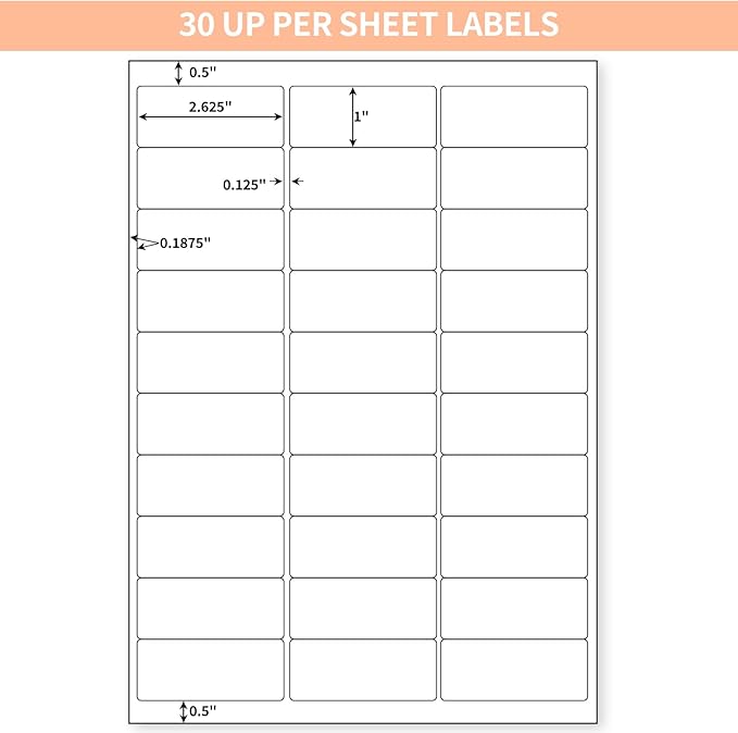 30 UP 15000 Stickers 500 Sheets 1" x 2-5/8" Shipping Return Address Labels for Laser Inkjet Printer, White Blank Mailing Labels