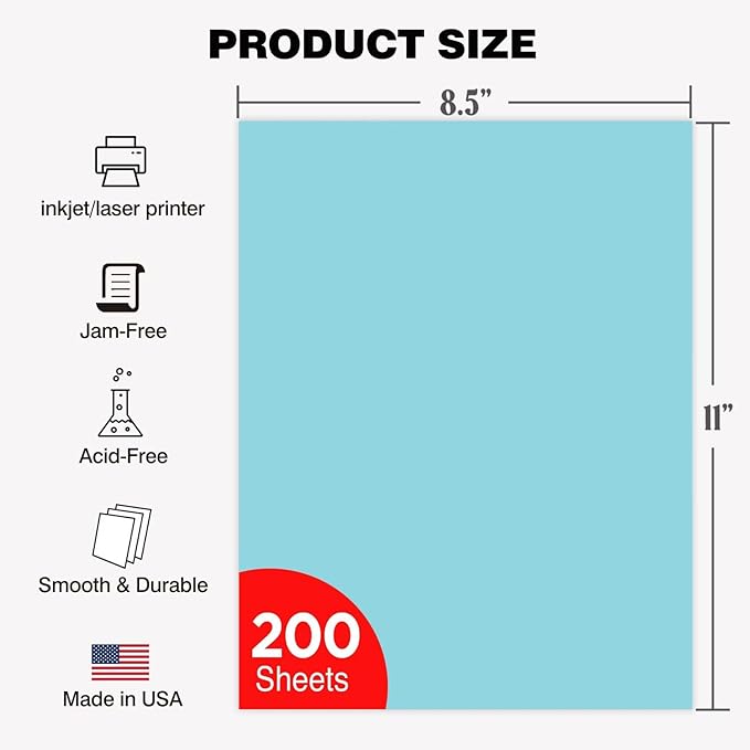 Veritas Color Copy Paper,Multi-Purpose paper,Colored Printer Paper 8.5” x 11”, 20 lb / 75 GSM,Blue,200 Sheets (1 Reams)，Made in USA