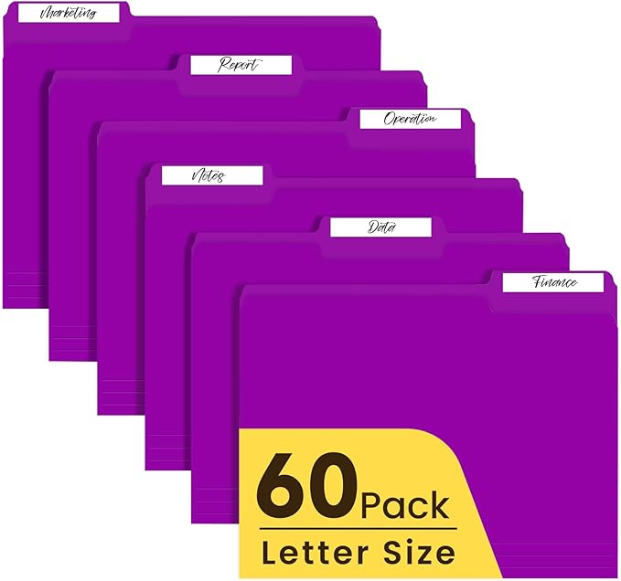Colored File Folders Letter Size, 60 Pack Purple Folders 1/3 Cut Tabs, Assorted Pastel Color Office School Buiness Folders for Filing Organization, Paper File Folder Bulk Set