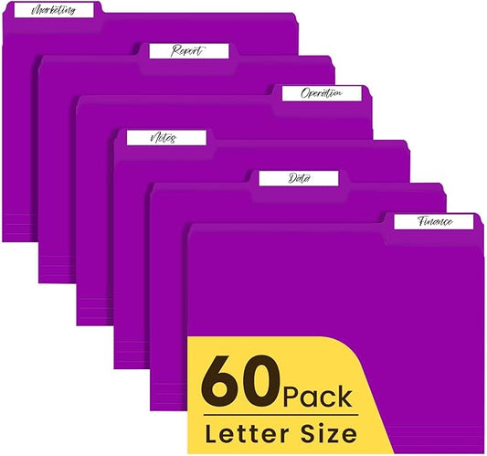 Colored File Folders Letter Size, 60 Pack Purple Folders 1/3 Cut Tabs, Assorted Pastel Color Office School Buiness Folders for Filing Organization, Paper File Folder Bulk Set