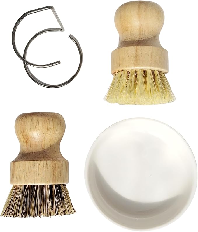 Bamboo Palm Pot Brush.Kitchen Mini Round Dish Brush,Natural Scrub Brush Cleaning Kit for Skillet,Washing Dishes,Vegetables,Pots, Pans. (1x Hard Bristle+1x Sisal with Ceramics Base,Draining Rack)