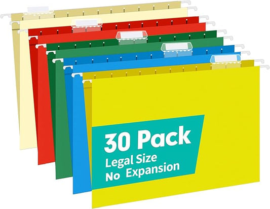 HERKKA Hanging File Folders, 30 Pack Reinforced Legal Size Hanging Folders with Heavy Duty 0 Inch Expansion, Designed for Bulky Files, Medical Charts, Adjustable Tabs, Assorted Colors