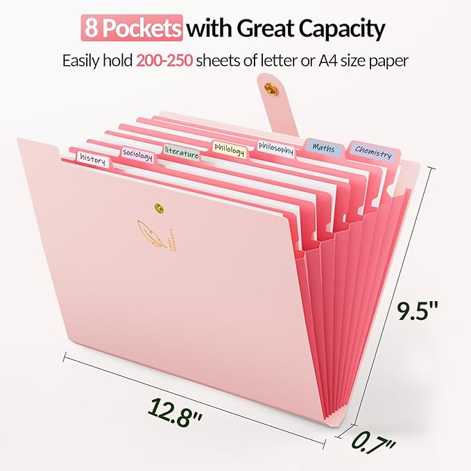 Sooez Aesthetic 8 Pocket Accordion File Organizer, Pastels Expanding File Folder for Important Document with Labels, Portable Receipt Bill Paper Organizer for Office School Supplies, Letter Size Pink