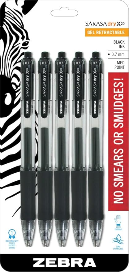 Zebra Pen Sarasa Dry X20 Retractable Gel Pens, 0.7mm Medium Point, Black Ink with Rapid Dry Ink Technology, Ideal for Office Supplies and School Supplies, 5-Pack (46855)
