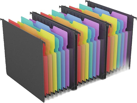 Plastic Expanding Hanging File Folders, 7 Pocket Extra Capacity Accordion Hang Folder, 1/5 Cut Adjustable Tabs, Multi-Color Lables, Letter Size for Filing Cabinet - 3 Pack