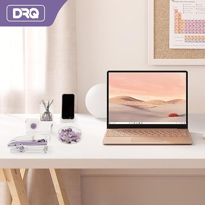 DRQ Purple Desk Organizers and Accessories Office Supplies, 10Pcs Set for Office with Stapler, Tape Dispenser, Pens, Pen Holder, Phone Holder, Tape, Ruler, 1 Box Staple, Scissors and 1 Box of Clip