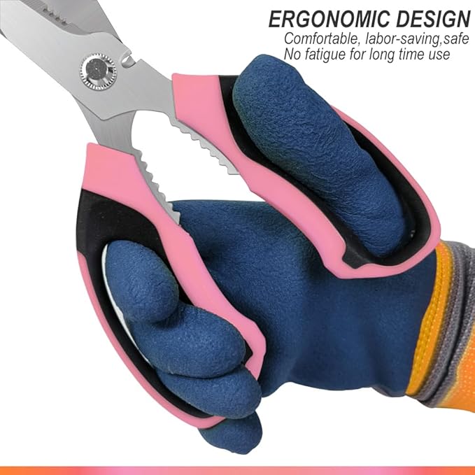 Heavy Duty 8'' Multipurpose Scissors with Protective Cover, Stainless Steel Serrated Blades, Easy Cutting Cardboard, Leather, Fabric, Wires (PINK)