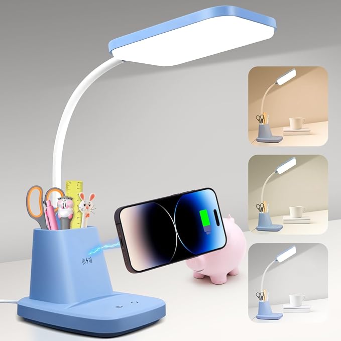 Sailstar Small Desk Lamp, Blue Desk Lamp with Pen Holder, Wireless Charger LED Desk Lamps for Home Office, 800LM Gooseneck 3 Modes Dimmable Touch Cute Desk Lamps, Study Lamps for College Dorm Room