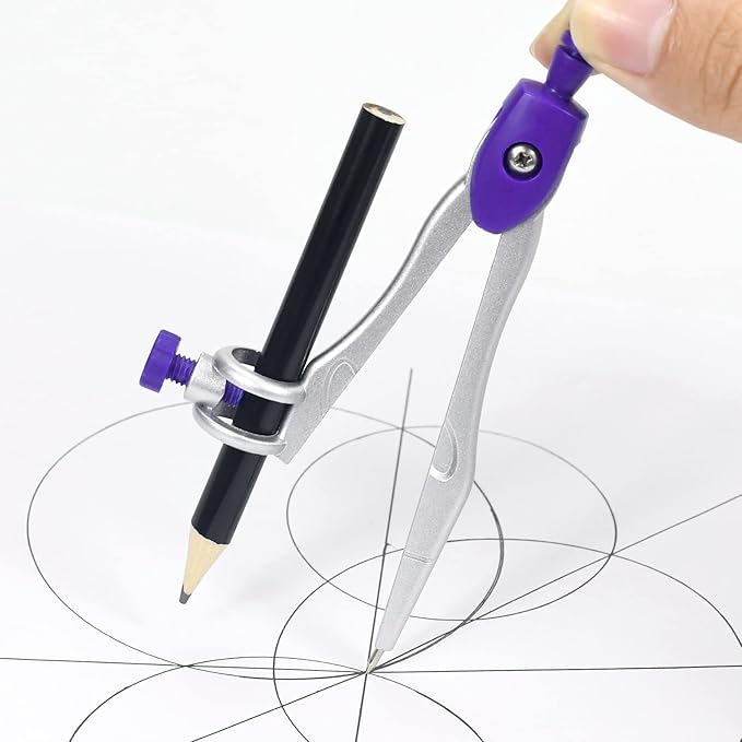 10 Pieces Math Geometry Kit Set Student Supplies with Shatterproof Storage Box,Includes Rulers,Protractor,Compass,Eraser,Pencil Sharpener,Lead Refills,Pencil,for School and Drawings（Purple）