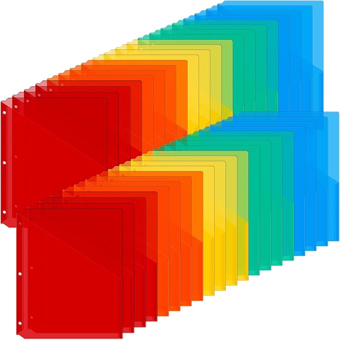 Maitys 50 Pack Binder Pockets 3 Hole Punch Clear Plastic Document Folders Binder Organizer Store Letter Size 8.5x11 Inch Paper Folders with Pockets Slash File Jacket for Office (Bright Colors)