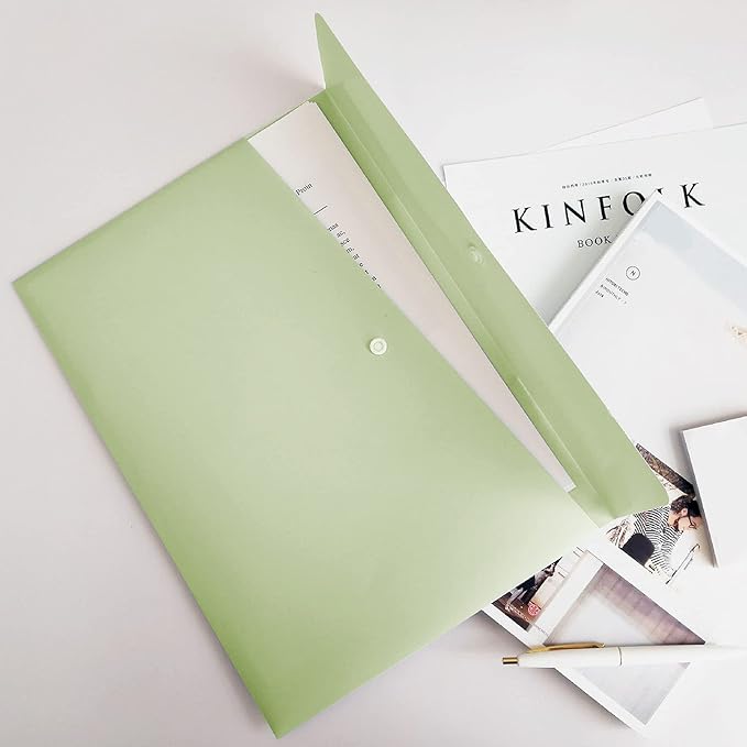 VANRA Poly File Folders Letter Size File Jackets Organizer Plastic Envelope A4 Flat Document Holder with Snap Button Closure (Pastel Green, Pack of 5)