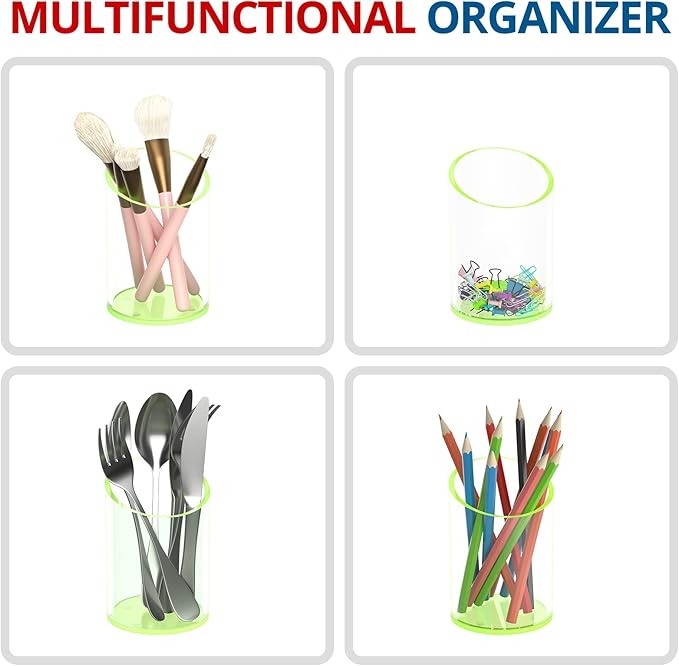 Pen Holder for Desk Organizer, Acrylic Makeup Brush Organizer Sanitizer Holder Pen and Pencil Holder for Office, Home, School, Neon Green