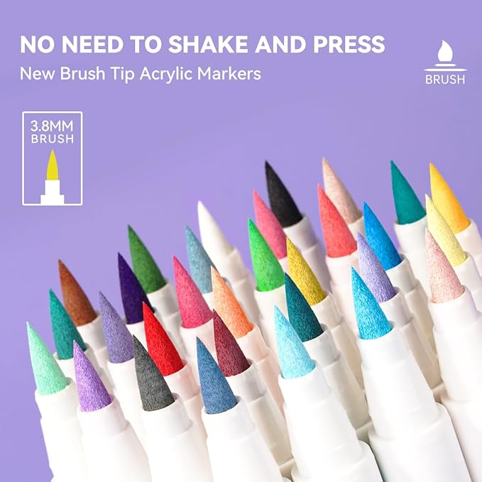 Arrtx Acrylic Markers 30A,Brush Tip Acrylic Paint Pens Markers for Rock Painting, Wood, Ceramic,Glass,Canvas,Metal,Plastic, Fabric, Stone & DIY Projects