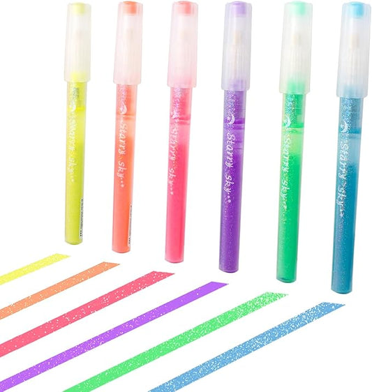 Glitter Highlighter Markers 6 Pack Set B, Chisel Tip Sparkle Highlighters Assorted Colors Pastel Glitter Highlighters Pens for Children Students Adults Journaling Coloring