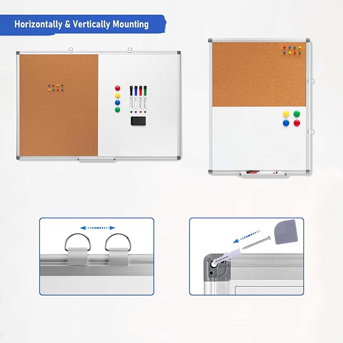 Comix Cork Board Magnetic Dry Erase Board Combo, 24 x 18 Inches Whiteboard and Bulletin Board Combination, Aluminum Frame Vision Board with 4 Dry Erase Markers, 4 Magnets, Eraser, Push Pins