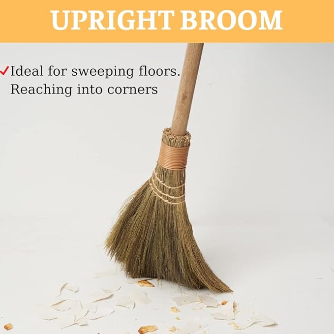 Handmade Vietnamese Straw Broom, Single Handle – Free Halloween Decoration Set, Witch Broom for Costume, Haunted House & Indoor Decor, Soft Grass Whisk Broom for Sweeping or Display