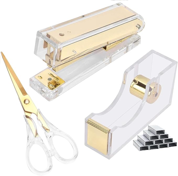 Stapler and Tape Dispenser Kit Acrylic Desk Organize Accessories Scissors Clear Tape Dispenser Gold Stapler Office Supplies