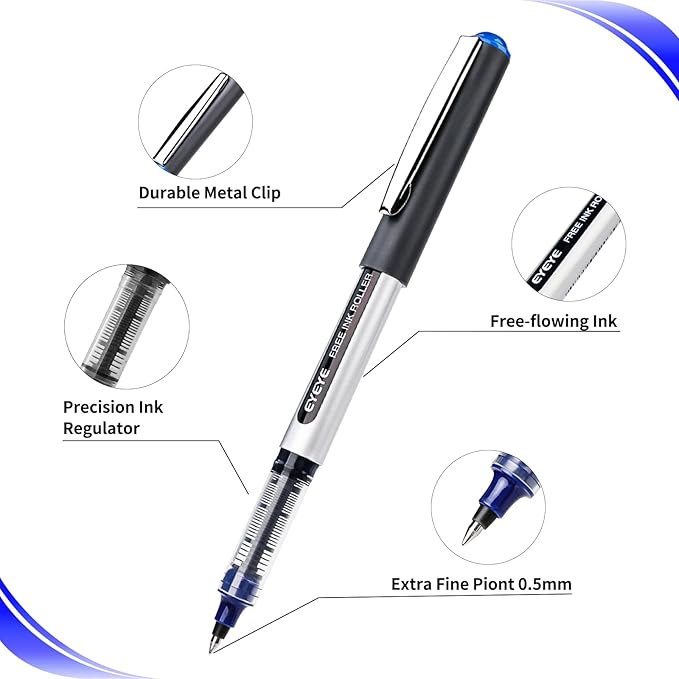 EYEYE Blue Ink Rollerball Pens Extra Fine Point Quick Dry, 8 Pack 0.5mm Liquid Ink Pen Fine Point Smooth Writing Pens for Journaling, Note Taking, Office, School Supplies
