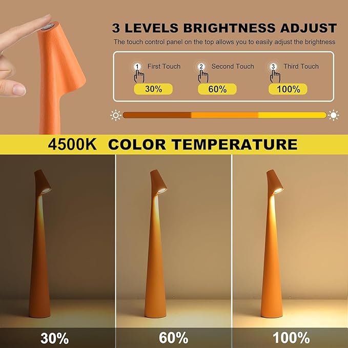 Cordless Small Table Lamps,3 Levels Brightness Portable Desk Lamp,Rechargeable Battery Lights for Outdoor, Restaurant, Bedside, Baby Night Light,Gifts(Orange)