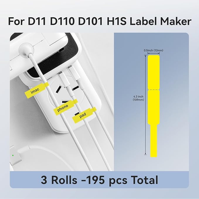 NIIMBOT D11 Label Tape D110 Label Maker Papers 3Rolls Cable Labels, Self-Adhesive Labeling Tape 0.47" X 4.29" (12 X 109mm) Cable Label Refills for Home Office Circuit Box, 195 Labels/3Rolls, Yellow