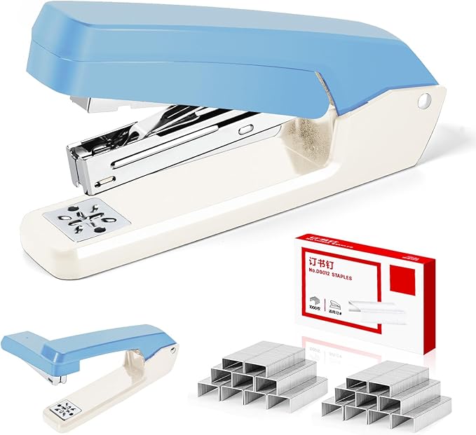 MJMX 360° Rotating Swing-Arm Stapler, 25-Sheet Capacity, with 1000 Staples, 8-Position Lock, ABS Durable Design, for Office/Home/School (White+Blue)