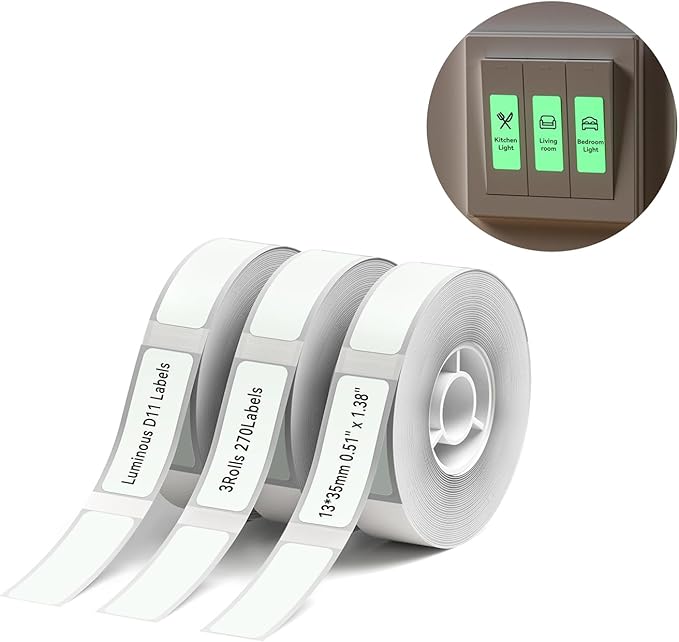 NIIMBOT D11 Luminous Label Maker Tape 3 Rolls Adhesive Label Paper 0.51" X 1.38" (13 X 35mm) 90 Labels/Roll, Compatible for NIIMBOT D11 D110 Label Printer, 3-Roll