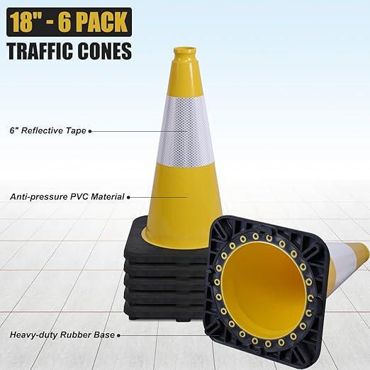 Fluorescent Orange/Green PVC Traffic Cones, Heavy Black Base Parking Lot Cone Structurally Stable Weatherproof Road Construction Safety Cones (4, Yellow, 18" Medium)