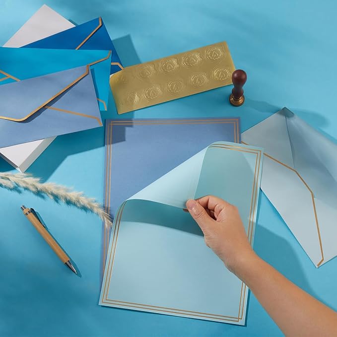 50 Pack 5 Colors Stationery Set with Gold Border, #10 Business Envelopes and 8.5x11 Paper Sheets and Stickers for Writing Letters (Blue)