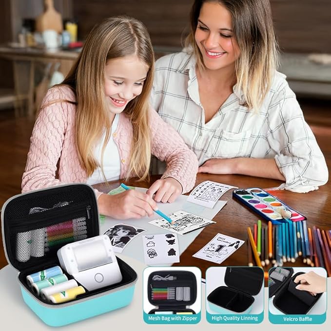 Carrying Case for Print Pods Mini Printer, Portable Mini Thermal Sticker Maker Travel Bag with Mesh Pocket, Bluetooth Label Printer Protective Storage Holder for Printing Paper & Accessories (Green)