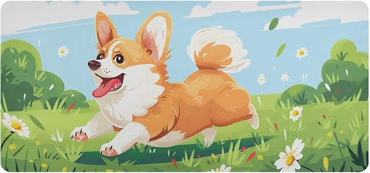 Mouse Pad Desk Mat Leather Desk Pad Large Gaming Desk Cover Protector Mat for Keyboard Computer Laptop Office Waterproof 47.2 x 23.6 Inch Cute Corgi Dog Floral