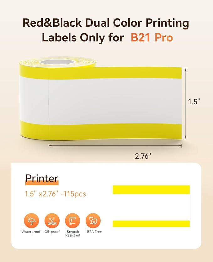 NIIMBOT B21 Pro Label Maker Refill - 300DPI Red & Black Dual Color Sticker Paper Yellow Line (1.5"x2.76"/38x70mm) for School, Office, Retail, Baking & Safety Labels - Compatible with B21 Pro Only