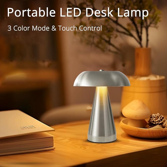 Portable LED Desk Lamp, Cordless Metal Table Lamp, 3-Color Touch Control Rechargeable Light, 3-Levels Brightness Room Decor, Bedside & Dining Room Light (Sliver)
