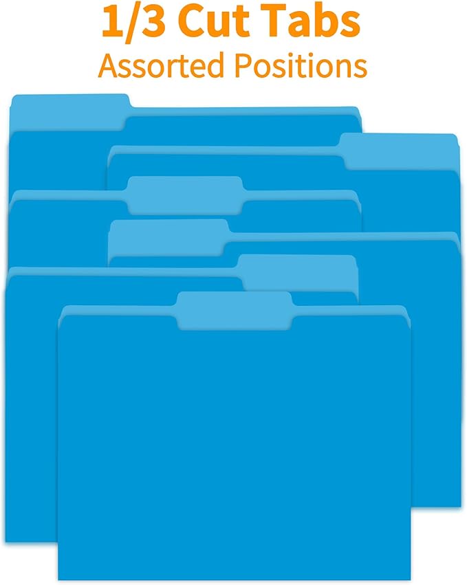 100 Packs Blue File Folder,1/3-Cut Tabs,File Folders Letter Size,8.5x11 Inch File Folders for Office,School and Home,Organizer Documents