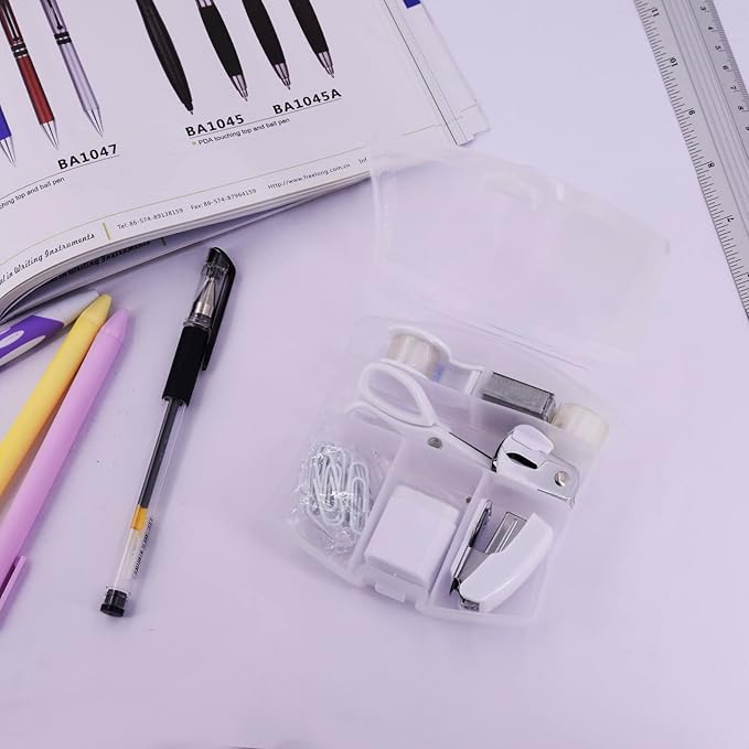 Mini Office Supply Kits – Includes Mini Stapler,Scissors, Staple Remover, Staples, Tape Dispenser (White)
