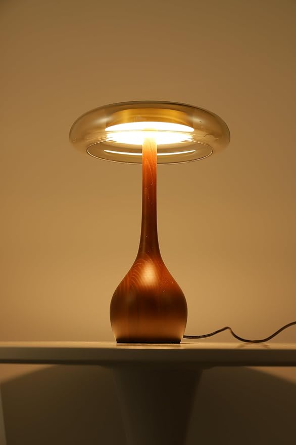 Small Table Lamp for Bedroom-Wooden Base Teardrop Mushroom Table Lamps,Amber Glass Shade,LED Three Color Temperature Adjustable Brightness Modern LED Side Table and Desk Lighting(H 12.4 in)