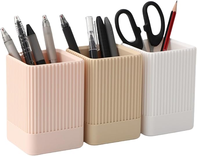 3 Pack Aesthetic Pen Holder for Desk-Sturdy Plastic Pencil Holder - Stylish Makeup Brushes Cup for Women Girls - Cute and Functional Desk Organizer for Office Supplies - Modern Office Decor Pen Cup