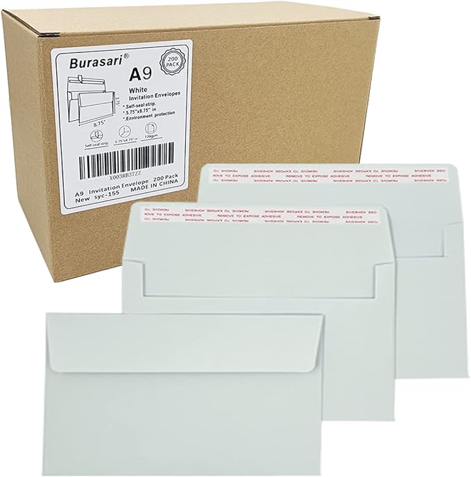 A9 Invitation envelopes（200 PCS 5.75x8.75 in） - windowless design 120GSM white paper envelopes with printabl quick self-seal for invitations, greeting cards, photos invoices