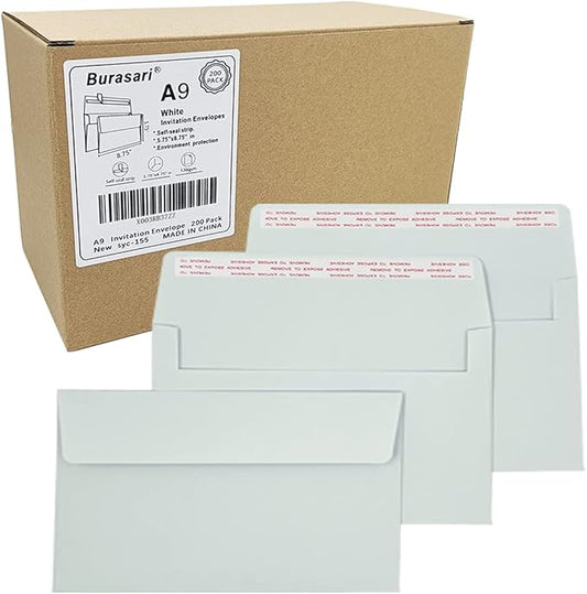 A9 Invitation envelopes（200 PCS 5.75x8.75 in） - windowless design 120GSM white paper envelopes with printabl quick self-seal for invitations, greeting cards, photos invoices