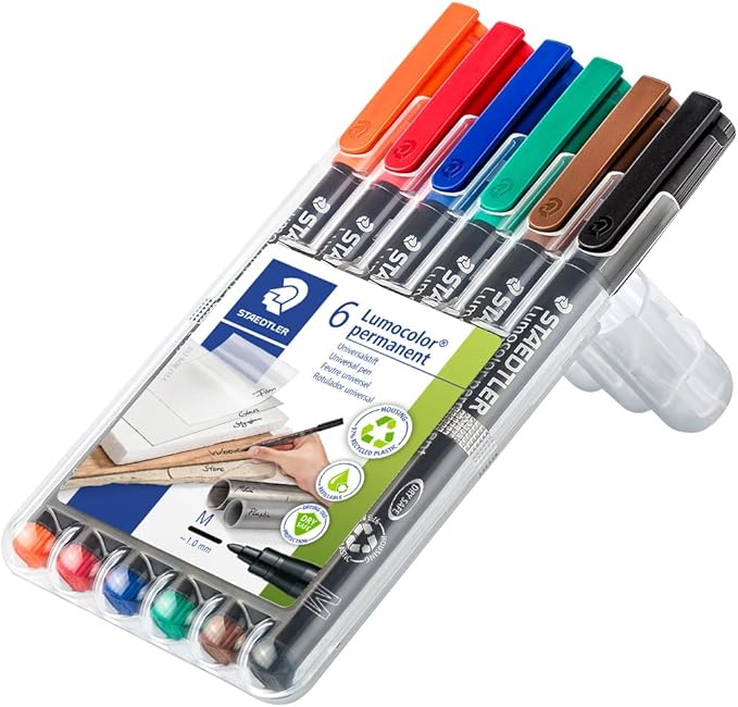 STAEDTLER Lumocolor Universal Pen, Medium, Felt Tip, Permanent Marker, Box of 6 Assorted Color Pens, 1.0mm 317 WP6