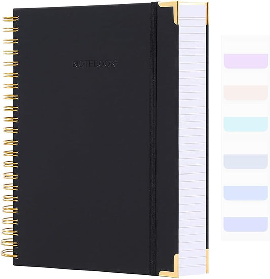 Spiral Notebook, Hardcover Leather Journal for Women Men, 300 Page Thick Notebooks College Ruled for Work, School, Note Taking, Writing Journals, Large A5 Notebook with Tabs Sticky, 5.7" x 8.5", Black