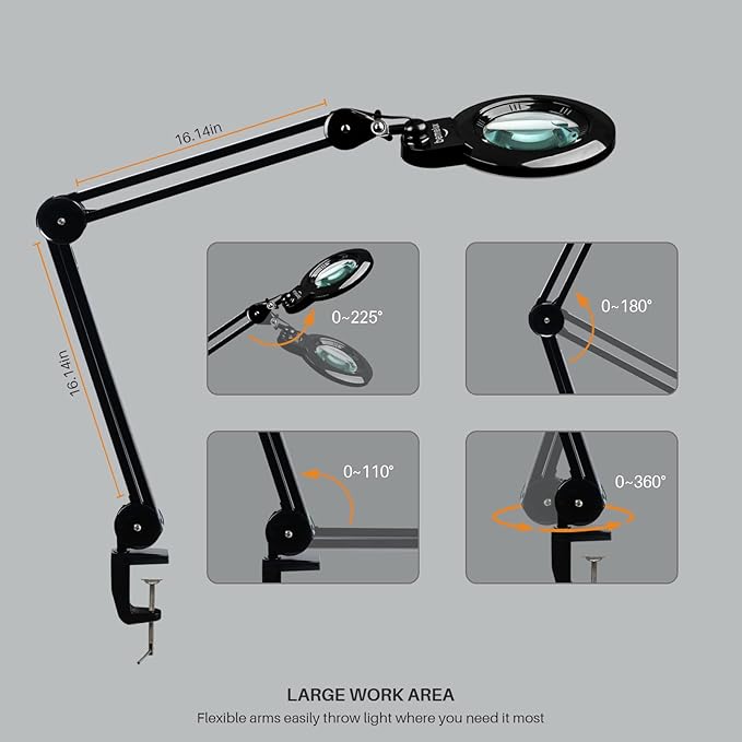 Bifocals Magnifying Desk Lamp with Clamp, 5 Diopter with 20 Diopter, 6 Inch Detachable Lens and 120PCS LEDs, 3 Color Modes 1200 Lumens Swivel Arm Magnifying Lamp with Light for Crafts (Black)