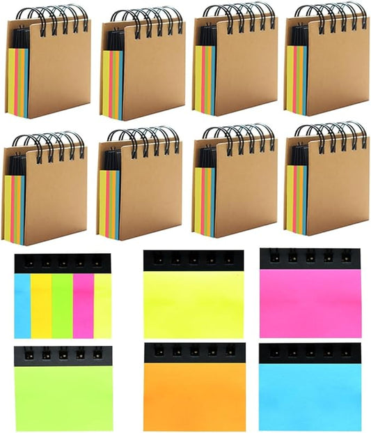 RHAWOM 8 Pads Spiral Notepad,3 x 3.5 Kraft Cover Mini Notebook with 2X 3 inches Sticky Notes and Page Marker，250 Counts/Pad Gift for Student