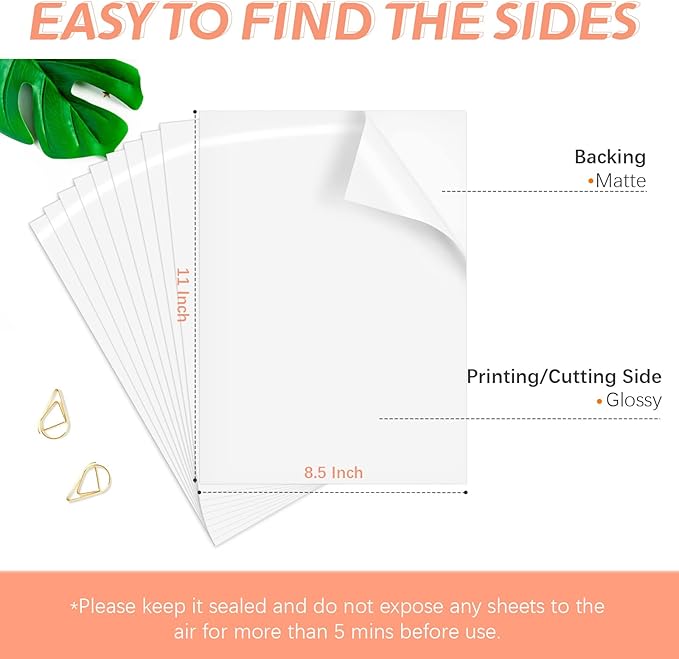 HTVRONT Printable Vinyl for Inkjet & Laser Printer - 10 Sheets Glossy White Printable Vinyl Sticker Paper Vivid Color Dries Quickly, 8.5"x11" Tear Resistant Printer Sticker Paper