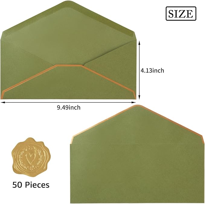 50 Pack #10 Business Envelopes with Gold Border, Self Seal Standard Envelopes with Gold Stickers for Office, Checks, Letter Mailing, Invoices, 4 1/8 x 9 1/2 Inches (Olive Green)