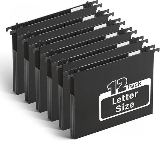Ansook Extra Capacity Plastic Hanging File Folders,1" Expanding Accordian Pocket,Heavy Duty for Filing Cabinet, Hard and Durable Hang Folders,Insertable Tabs,Letter Size,Black- 12 Pack
