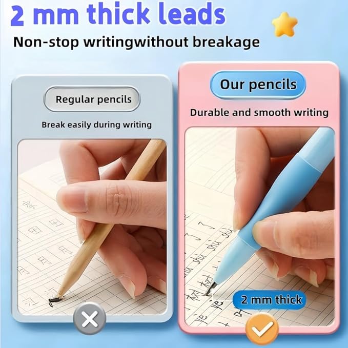 Handwriting thick mechanical pencils with grip: 2.0MM HB Pencil for kids with 14 leads (2 pack blue&yello)