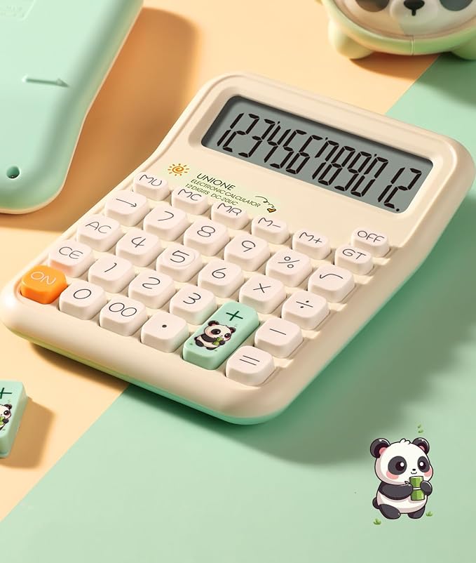 UNIONE Panda Calculator with a Bright LCD, Dual Power Handheld Desktop. Color. Business, Office, High School… (Beige)